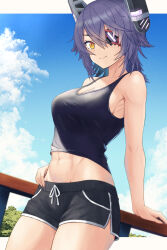 Rule 34 | 1girl, alternate costume, black shorts, black tank top, breasts, cleavage, closed mouth, collarbone, cowboy shot, eyepatch, headgear, highres, kantai collection, kotou yogen, large breasts, navel, purple hair, short hair, shorts, smile, solo, tank top, tenryuu (kancolle), yellow eyes