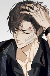 Rule 34 | 1boy, artem wing (tears of themis), black shirt, blood, blood on face, brown hair, close-up, closed eyes, closed mouth, collared shirt, grey background, injury, male focus, shirt, signature, simple background, solo, tang xinzi, tears of themis