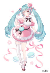 Rule 34 | 1girl, bare shoulders, black footwear, blue eyes, blue hair, blush, copyright notice, detached sleeves, food, full body, gloves, hat, hatsune miku, highres, long hair, looking at viewer, macaron, simple background, single thighhigh, smile, solo, thighhighs, twintails, vocaloid, wasabi (sekai), white background, white gloves, white thighhighs