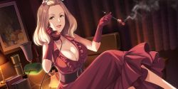 Rule 34 | 1girl, belt, blonde hair, breasts, cleavage, desk, desk lamp, dress, dutch angle, game cg, gloves, hair ornament, hair stick, highres, jewelry, kouya no kotobuki hikoutai, lamp, large breasts, crossed legs, madame lulu, medium hair, necklace, non-web source, official art, on desk, pearl necklace, phone, smoking pipe, portrait (object), red dress, red gloves, sitting, on desk, sleeveless, sleeveless dress, smoke, solo, yellow eyes
