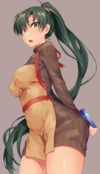 Rule 34 | 1girl, :o, alternate costume, apron, arms behind back, blush, box, breasts, brown sweater, cowboy shot, dress, fire emblem, fire emblem: the blazing blade, from below, gift, gift box, green eyes, green hair, grey background, high ponytail, highres, holding, holding gift, long hair, long sleeves, looking at viewer, looking down, lyn (fire emblem), medium breasts, nintendo, open mouth, ponytail, sajittari, simple background, solo, standing, sweater, sweater dress, thighs, turtleneck, turtleneck sweater, valentine, very long hair, yellow neckwear