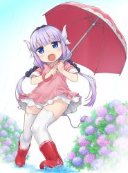 Rule 34 | 10s, 1girl, :d, beads, blue eyes, blue sky, blunt bangs, blush, boots, day, dragon girl, dragon horns, dress, flower, frilled dress, frills, full body, gradient hair, hair beads, hair ornament, half-closed eyes, happy, highres, holding, holding umbrella, horns, hydrangea, kanna kamui, kobayashi-san chi no maidragon, komase (jkp423), leaf, light purple hair, looking at viewer, low twintails, multicolored hair, open mouth, outdoors, puddle, rain, rubber boots, short dress, short sleeves, sky, smile, solo, thighhighs, thighs, twintails, two-tone hair, umbrella, water, zettai ryouiki