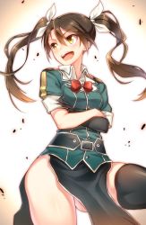 Rule 34 | 10s, 1girl, :d, black gloves, black thighhighs, brown hair, crossed arms, gloves, highres, kantai collection, kat (bu-kunn), long hair, open mouth, pelvic curtain, short sleeves, single glove, smile, solo, thighhighs, tone (kancolle), tone kai ni (kancolle), twintails, yellow eyes