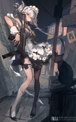 Rule 34 | 1girl, absurdres, apron, arm tattoo, asymmetrical legwear, black cat, black choker, black footwear, black nails, black necktie, black skirt, black socks, breasts, bridal garter, cat, choker, clenched teeth, detached collar, dm (dai miao), dress, frilled hairband, frills, gun, hairband, high heels, highres, holding, holding gun, holding weapon, jewelry, kneehighs, large breasts, long hair, looking at viewer, maid, mismatched legwear, nail polish, necktie, night, original, outdoors, red eyes, ring, silver hair, single kneehigh, single leg pantyhose, single sock, skirt, socks, solo, strapless, strapless dress, tattoo, teeth, trash can, twintails, uneven legwear, very long hair, wanted, weapon, white apron, white socks, wrist cuffs