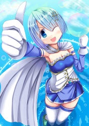 Rule 34 | 10s, 1girl, ;d, armband, blue eyes, blue hair, cape, female focus, foreshortening, fortissimo, gloves, hair ornament, hairclip, magical girl, mahou shoujo madoka magica, mahou shoujo madoka magica (anime), mahou shoujo madoka magica movie 1 &amp; 2, matching hair/eyes, miki sayaka, musical note, musical note hair ornament, one eye closed, open mouth, regress, smile, solo, soul gem, thighhighs, thumbs up, water, zettai ryouiki