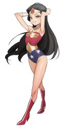 Rule 34 | 1girl, absurdres, aged down, armpits, arms behind head, arms up, black hair, blue eyes, blush, boots, bracer, breasts, child, collarbone, dc comics, earrings, female focus, full body, grin, hair pulled back, high heel boots, high heels, highres, jewelry, kiritzugu, legs, long hair, looking at viewer, red footwear, red heels, simple background, small breasts, smile, solo, tiara, white background, wonder loli, wonder woman, wonder woman (series)
