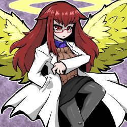 Rule 34 | 1girl, angel, angel wings, black pantyhose, breasts, closed mouth, collared shirt, commentary request, feathered wings, halo, hand in pocket, lab coat, long hair, miniskirt, mon-musu quest!, nimura mutsutoshi, pantyhose, promestein, red eyes, red hair, shirt, sidelocks, simple background, skirt, solo, sweater, wings