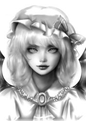 Rule 34 | 1girl, absurdres, ascot, bow, brooch, collar, collared dress, dress, eyebrows hidden by hair, eyeshadow, frilled collar, frills, greyscale, hat, hat bow, highres, jewelry, lips, luo qiangwei, makeup, medium hair, mob cap, monochrome, nose, realistic, remilia scarlet, simple background, smile, solo, touhou, white background