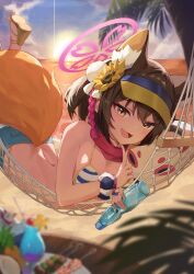 Rule 34 | 1girl, :d, absurdres, animal ear fluff, animal ears, bare shoulders, beach, bikini, blue archive, blue bikini, blue sky, blurry, blurry background, blush, bottle, breasts, brown eyes, brown hair, cloud, day, flower, fox ears, fox girl, fox tail, hair between eyes, hair flower, hair ornament, halo, hammock, highres, holding, holding bottle, index finger raised, izuna (blue archive), izuna (swimsuit) (blue archive), looking at viewer, medium breasts, official alternate costume, open mouth, outdoors, pom pom (clothes), pom pom hair ornament, ramune, red scarf, same (samefgo), scarf, sky, smile, solo, striped bikini, striped clothes, sunflower, sunflower hair ornament, swimsuit, tail, visor cap, water