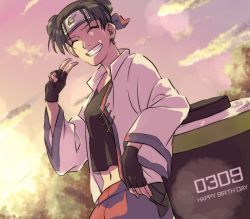 Rule 34 | 1girl, artist request, black hair, double bun, closed eyes, female focus, fingerless gloves, forehead protector, gloves, midriff, naruto (series), naruto shippuuden, navel, open clothes, outdoors, scroll, smile, solo, sunset, tenten (naruto), v