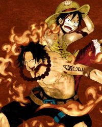 Rule 34 | 2boys, beads, belt, black hair, black shorts, blood, brother, brothers, fighting stance, fire, freckles, hand on headwear, hat, injury, jewelry, male focus, marineford, monkey d. luffy, multiple boys, muscular, necklace, one piece, portgas d. ace, prayer beads, red shorts, shorts, siblings, simple background, smile, straw hat, tattoo, thigh strap, topless male, vest, yellow vest