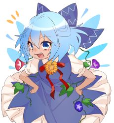 Rule 34 | 1girl, :d, bad id, bad twitter id, blue hair, blush, cirno, commentary, dress, flower, gotou (nekocat), hands on own hips, hidden star in four seasons, highres, long hair, morning glory, open mouth, puffy short sleeves, puffy sleeves, short sleeves, smile, solo, sunflower, tan, tanned cirno, touhou