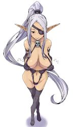 Rule 34 | 1girl, amami amayu, breasts, elf, eyepatch, large breasts, legs, long hair, long pointy ears, looking at viewer, monster collection, oekaki, original, pointy ears, ponytail, simple background, solo, thighhighs, very long hair, white background