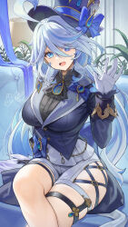 Rule 34 | 1girl, ahoge, alternate breast size, asymmetrical gloves, black gloves, blue eyes, blue hair, blue hat, blue jacket, breasts, brooch, catsmoon, crossed legs, furina (genshin impact), genshin impact, gloves, hair between eyes, hand up, hat, hat ornament, highres, jacket, jewelry, large breasts, long hair, long sleeves, looking at viewer, mismatched gloves, signature, sitting, smile, solo, thighs, white gloves