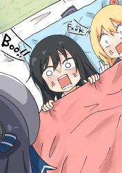 Rule 34 | 3girls, anger vein, asashio (kancolle), black hair, blanket, blonde hair, censored, censored text, comiching, condom, condom wrapper, futon, gloves, hat, head bump, highres, jervis (kancolle), kantai collection, matsuwa (kancolle), middle finger, multiple girls, open mouth, profanity, purple hair, sailor hat, surprised, white gloves