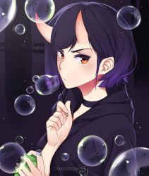 Rule 34 | 1girl, blowing bubbles, commentary, dark background, demon girl, english commentary, eyelashes, from side, highres, holding, hood, hood down, hoodie, horns, keiryuu seo, looking at viewer, looking to the side, oni horns, original, purple hair, red eyes, short hair, soap bubbles, solo, swept bangs, thick eyebrows, upper body, v-shaped eyebrows