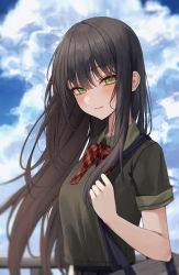 Rule 34 | 1girl, absurdres, ame 816, bag, black hair, blush, bow, bowtie, closed mouth, cloud, cloudy sky, collared shirt, green eyes, green shirt, hand up, highres, long hair, looking at viewer, original, outdoors, plaid, plaid bow, plaid bowtie, red bow, red bowtie, school bag, school uniform, shirt, short sleeves, sky, smile, solo