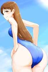 Rule 34 | 10s, 1girl, ass, blue one-piece swimsuit, brown eyes, brown hair, competition swimsuit, day, from behind, highres, idolmaster, idolmaster cinderella girls, long hair, momo (higanbana and girl), nitta minami, one-piece swimsuit, sky, smile, solo, swimsuit