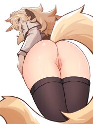 Rule 34 | 1girl, absurdres, animal ear fluff, animal ears, anus, arknights, ass, ass focus, black hat, black thighhighs, blonde hair, blue eyes, bottomless, commission, distr, from behind, from below, garrison cap, hand on own hip, hat, highres, horse ears, horse girl, horse tail, long hair, long sleeves, looking at viewer, looking back, no panties, presenting, pussy, short eyebrows, simple background, solo, tail, thick eyebrows, thighhighs, thighs, uncensored, whislash (arknights), white background