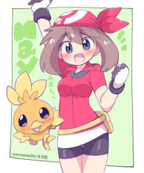 1girl bike_shorts blue_eyes blush brown_hair creatures_(company) eromame game_freak gen_3_pokemon gloves hairband looking_at_viewer may_(pokemon) nintendo open_mouth pokemon pokemon_(creature) pokemon_rse short_hair smile torchic