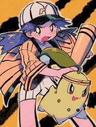 Rule 34 | 1girl, baseball cap, bright pupils, brown eyes, casey (pokemon), chikorita, commentary request, creatures (company), game freak, gen 2 pokemon, hat, headband, highres, holding, jacket, long hair, looking at viewer, nintendo, ok ko19, open clothes, open jacket, open mouth, pokemon, pokemon (anime), pokemon (classic anime), pokemon (creature), purple hair, shirt, shorts, spiked hair, tongue, twintails, white headwear, white pupils, white shirt, white shorts, yellow jacket