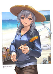Rule 34 | 1girl, beach, beer can, blue jacket, blush, breasts, brown shorts, can, cleavage, collarbone, drink can, grey eyes, grey hair, hair between eyes, hat, holding, jacket, kantai collection, long hair, long sleeves, ocean, open mouth, pumpkin, shorts, smile, solo, straw hat, sun hat, suzutsuki (kancolle), tantaka, twitter username