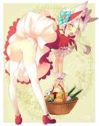 Rule 34 | 1girl, animal ears, apple, ass, basket, bent over, blush, bonnet, bottle, cheese, choker, dress, flower, food, fruit, hira taira, holding, holding basket, jar, little red riding hood, little red riding hood (grimm), long hair, looking at viewer, open mouth, original, panties, pear, rabbit ears, red dress, solo, thighhighs, underwear, white hair, white panties, white thighhighs, wine bottle, wrist cuffs, yellow eyes