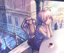 Rule 34 | 1girl, architecture, bare arms, blue eyes, blue nails, bob cut, bra, bra peek, chair, commentary request, cup, day, dress, elbow rest, elbows on table, from above, hands on own head, head in hand, head rest, highres, lavender dress, looking at viewer, nail polish, open mouth, original, outdoors, pink hair, railing, saucer, short hair, sitting, sleeveless, sleeveless dress, solo, teacup, teeth, tenmaso, tile floor, tiles, town, underwear, upper teeth only