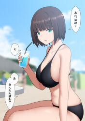 Rule 34 | 1girl, aqua eyes, arm at side, bare shoulders, beach, bikini, black bikini, blue sky, blunt bangs, blurry, blurry background, bob cut, breasts, brown hair, cleavage, cloud, collarbone, cup, day, drink, drinking glass, drinking straw, female focus, from side, hand up, highres, holding, holding drink, holding drinking glass, ice, ice cube, japanese text, large breasts, legs together, looking at viewer, maanii, navel, open mouth, original, outdoors, shiny skin, short hair, sidelocks, sitting, sky, solo focus, speech bubble, stomach, sweat, swimsuit, table, talking, thighs, translation request, variant set