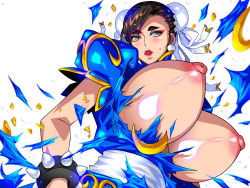 Rule 34 | 1girl, bracelet, breasts, brown hair, bun cover, capcom, china dress, chinese clothes, chun-li, double bun, dress, female focus, hair bun, highres, jewelry, large breasts, nipples, open mouth, raisuta, spiked bracelet, spikes, street fighter, torn clothes