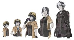 Rule 34 | 1girl, age progression, aged down, black eyes, black gloves, black hair, breasts, brown background, closed mouth, cowboy shot, cropped torso, gloves, hair between eyes, half-closed eyes, hand on own hip, hat, highres, looking at viewer, made in abyss, medium breasts, multicolored hair, ozen, servomotorr, short hair, simple background, smile, smirk, standing, two-tone hair, upper body, whistle, white background, white hair