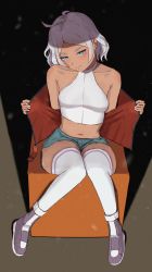Rule 34 | 1girl, absurdres, ahoge, aqua eyes, bare shoulders, breasts, commentary request, film grain, full body, grey hair, gundam, gundam suisei no majo, halterneck, highres, jacket, light smile, looking at viewer, medium breasts, midriff, navel, open clothes, open jacket, rra5150, secelia dote, shorts, sitting, solo, thighhighs, undressing, white thighhighs