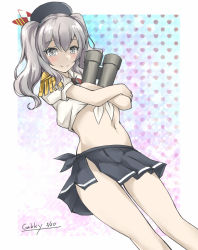 Rule 34 | 1girl, beret, binoculars, black hat, black skirt, breasts, commentary request, epaulettes, feet out of frame, gakky, grey eyes, hat, kantai collection, kashima (kancolle), large breasts, looking at viewer, miniskirt, one-hour drawing challenge, shirt, short hair, sidelocks, silver hair, skirt, solo, tied shirt, twintails, wavy hair