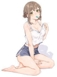 Rule 34 | 1girl, bare arms, bare legs, bare shoulders, barefoot, bra, brown hair, crop top, crop top overhang, dolphin shorts, fangxiang cuoluan, feet, food, food in mouth, highres, ice cream, looking at viewer, medium hair, midriff, navel, original, shirt, short hair, short shorts, shorts, sitting, sleeveless, sleeveless shirt, tank top, thighs, underwear, white background, yellow eyes