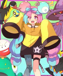 Rule 34 | 1girl, :d, bellibolt, blush, character hair ornament, commentary request, creatures (company), dated, electrode (pokemon), game freak, gen 4 pokemon, green hair, grey pantyhose, hair ornament, hands up, highres, iono (pokemon), jacket, kilowattrel, knees, long hair, luxray, mismagius, multicolored hair, nintendo, open mouth, pantyhose, pink hair, poke ball, pokemon, pokemon (creature), pokemon sv, purple eyes, quick ball, single leg pantyhose, smile, teeth, thigh strap, tomazi, tongue, twintails, two-tone hair, upper teeth only, yellow jacket