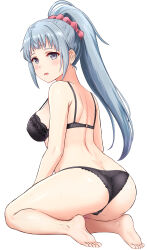 Rule 34 | 1girl, absurdres, ahoge, ass, back, bare shoulders, barefoot, black bra, black panties, blue eyes, blue hair, blush, bra, breasts, butt crack, feet, from behind, full body, hair ornament, hair scrunchie, high ponytail, highres, inanaki shiki, kawasaki saki, kneeling, lace, lace bra, lace panties, large breasts, long hair, looking at viewer, looking back, mole, mole under eye, open mouth, panties, pink scrunchie, ponytail, scrunchie, simple background, solo, underwear, underwear only, white background, yahari ore no seishun lovecome wa machigatteiru.