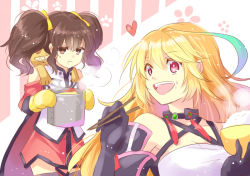 Rule 34 | 00s, 2girls, ahoge, anise tatlin, bare shoulders, black hair, blonde hair, breasts, brown eyes, capelet, choker, cleavage, dress, eating, elbow gloves, gloves, heart, long hair, milla maxwell, multicolored hair, multiple girls, open mouth, pink eyes, tales of (series), tales of the abyss, tales of xillia, thighhighs, twintails