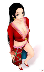 Rule 34 | 1girl, amazon lily, amazon warrior, black hair, boa hancock, breasts, cleavage, earrings, female focus, grey eyes, high heels, highres, jacket, jewelry, jja, jolly roger, long hair, long skirt, long sleeves, navel, one piece, pirate, print skirt, red footwear, red jacket, red shirt, sash, shirt, shoes, side slit, simple background, skirt, solo, standing, white background