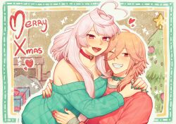 Rule 34 | 1boy, 1girl, :d, ahoge, bare shoulders, choker, commentary request, green choker, green nails, green sweater, grin, hiomaika, long hair, long sleeves, looking at viewer, maika (vocaloid), merry christmas, nail polish, off-shoulder sweater, off shoulder, one eye closed, open mouth, orange hair, pink choker, pink eyes, pink hair, smile, sweater, upper body, very long hair, vocaloid, yohioloid