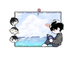 Rule 34 | 220521sea, 2boys, bad id, bad twitter id, black hair, black pants, black shirt, blush, book, character request, chibi, closed mouth, cloud, collared shirt, day, eoduun badaui deungbul-i doeeo, from side, holding, holding book, long sleeves, male focus, multiple boys, ocean, pants, pin, reading, shirt, short hair, simple background, sitting, sky, smile, socks, striped clothes, striped shirt, vertical-striped clothes, vertical-striped shirt, water, white background, white socks