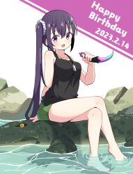 Rule 34 | 1girl, :d, arm behind back, bare legs, bare shoulders, barefoot, black shirt, breasts, collarbone, commentary request, crocodile, crocodilian, crossed legs, dagger, dated, dog tags, gochuumon wa usagi desu ka?, green shorts, hair between eyes, hair ornament, hair scrunchie, hairclip, happy birthday, highres, holding, holding weapon, karambit, knife, long hair, looking at viewer, medium breasts, mohei, open mouth, purple background, purple eyes, purple hair, rock, scrunchie, shirt, shorts, side ponytail, sidelocks, sitting, sitting on animal, smile, solo, tank top, tedeza rize, two-tone background, very long hair, water, weapon, white background, white scrunchie