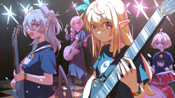 Rule 34 | 4girls, absurdres, ahoge, aia amare, alternate costume, band, bass guitar, black shirt, blonde hair, blue hair, blue wings, bob cut, bocchi the rock!, bracelet, braid, closed mouth, commentary, diffraction spikes, drum, drum set, drumsticks, electric guitar, elira pendora, english commentary, expressionless, glasses, green eyes, guitar, hair between eyes, hair bobbles, hair ornament, hairclip, head wings, highres, holding, holding drumsticks, holding instrument, indoors, instrument, jewelry, logo, long hair, looking at viewer, maplesights, millie parfait, multicolored hair, multiple girls, music, nijisanji, nijisanji en, open mouth, playing instrument, pointy ears, pomu rainpuff, print shirt, purple eyes, red eyes, round eyewear, semi-rimless eyewear, shirt, short hair, short sleeves, side braid, sidelocks, single braid, sitting, smile, sparkle, stage, stage lights, standing, star-shaped pupils, star (symbol), symbol-shaped pupils, t-shirt, tareme, thumbs up, virtual youtuber, white hair, wings