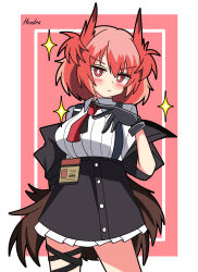 Rule 34 | 1girl, absurdres, arknights, artist name, black gloves, black jacket, black outline, black skirt, blush, border, bright pupils, brown tail, buttons, closed mouth, collared shirt, commentary request, cowboy shot, expressionless, feather hair, fiammetta (arknights), frilled skirt, frills, gloves, hand up, hendra, highres, jacket, looking at viewer, medium hair, multiple thigh straps, off shoulder, one-hour drawing challenge, open clothes, open jacket, outline, outside border, pink background, red eyes, red hair, shirt, shirt tucked in, short sleeves, signature, simple background, skirt, solo, sparkle, standing, striped clothes, striped shirt, suspender skirt, suspenders, tail, thigh strap, vertical-striped clothes, vertical-striped shirt, white border, white pupils, white shirt