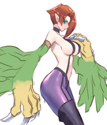 Rule 34 | 1girl, animal hands, bare shoulders, black slingshot swimsuit, breasts, brown hair, duel monster, feathered wings, feathers, from side, green eyes, green feathers, green wings, harpie lady 2, large breasts, medium hair, pantyhose, pointy ears, profile, purple pantyhose, simple background, solo, talons, ukimukai, white background, winged arms, wings, yu-gi-oh!