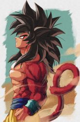Rule 34 | bare pectorals, biceps, black hair, body fur, closed mouth, debris, dragon ball, dragon ball gt, dust, dust cloud, from side, highres, looking up, male focus, monkey boy, monkey tail, no nipples, pants, pectorals, profile, red fur, relio db318, simple background, smile, solo, son goku, spiked hair, standing, super saiyan, super saiyan 4, tail, topless male, yellow pants