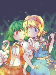 Rule 34 | 2girls, alice margatroid, blonde hair, blue eyes, book, breasts, capelet, closed umbrella, dress, fireflies, grass, green hair, hairband, heads together, highres, ini (inunabe00), ini phm, kazami yuuka, locked arms, looking at another, medium breasts, multiple girls, night, one eye closed, open mouth, outdoors, plaid, plaid skirt, plaid vest, red eyes, ribbon, sash, short hair, skirt, smile, touhou, umbrella, vest