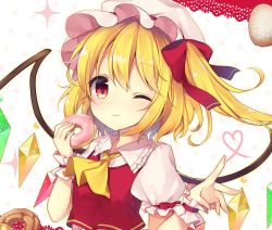 Rule 34 | 1girl, ;), absurdres, ascot, beige outline, blonde hair, blush, bow, commentary request, crystal, doughnut, flandre scarlet, food, frilled shirt collar, frills, hair bow, hands up, hat, heart, heart of string, highres, holding, holding food, lace trim, looking at viewer, mob cap, one eye closed, one side up, outline, pastry, polka dot, polka dot background, puffy short sleeves, puffy sleeves, red bow, red eyes, red vest, ruhika, shirt, short hair, short sleeves, smile, solo, touhou, upper body, vest, white background, white hat, white shirt, wings, wrist cuffs, yellow ascot