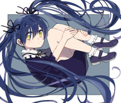 Rule 34 | 1girl, black ribbon, blue footwear, blue hair, border, closed mouth, collar, commentary request, expressionless, fetal position, floating, floating hair, frilled shirt collar, frills, full body, grey background, hair between eyes, hair ribbon, hands on own legs, long hair, looking at viewer, original, outside border, ribbon, short sleeves, socks, solo, sou (tuhut), twintails, very long hair, white border, white collar, white socks, yellow eyes, yellow pupils