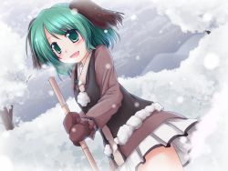 Rule 34 | 1girl, animal ears, bamboo, bamboo broom, blush, broom, brown gloves, dress, dutch angle, female focus, gloves, green eyes, green hair, highres, kasodani kyouko, lzh, matching hair/eyes, mittens, open mouth, pink dress, shirt, short hair, skirt, smile, snow, snowing, solo, touhou, vest, wild and horned hermit, winter