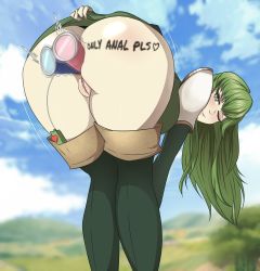 Rule 34 | 1girl, anal, anal object insertion, anus, ass, bent over, body writing, breasts, dildo, english text, fire emblem, fire emblem: shadow dragon, fire emblem: shadow dragon and the blade of light, glazinbuns, green eyes, green hair, heart, highres, huge ass, intelligent systems, large breasts, leaning forward, lips, long hair, looking at viewer, looking back, makeup, nintendo, object insertion, one eye closed, palla (fire emblem), pink lips, pussy, pussy juice, sex toy, smile, solo, standing, tagme, thick thighs, thighhighs, thighs, vibrator, vibrator cord, vibrator in anus